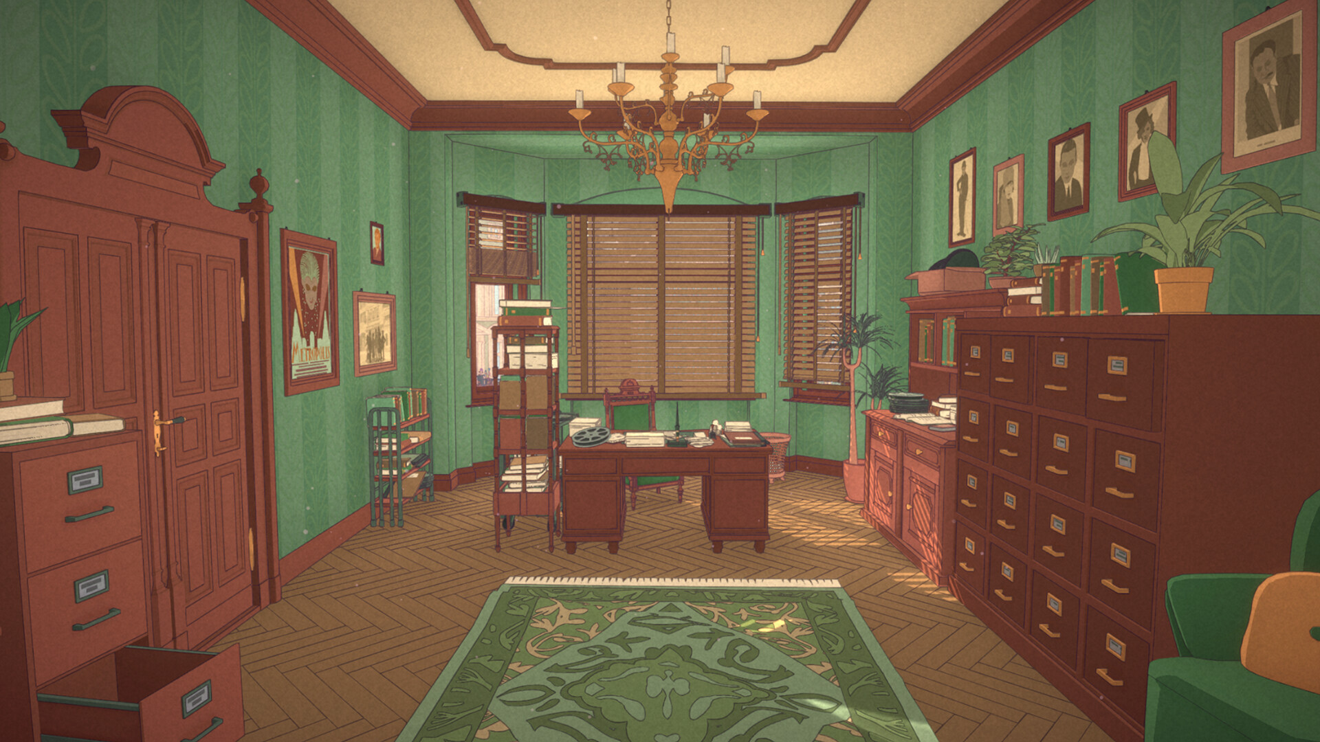 The Berlin Apartment screenshot of an office room with a desk, green rug, and matching green wallpaper, with a green soft and filing cabinets