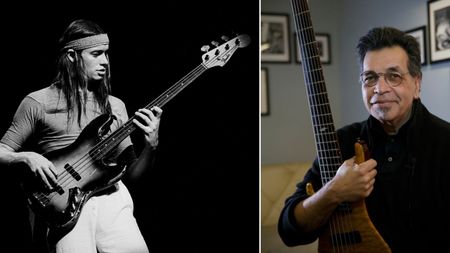 American bassist Jimmy Haslip, portrait, London, 2016. Jaco Pastorius (1951 - 1987) performing with Weather Report at the Auditorium Theater in Chicago, Illinois, February 9, 1980
