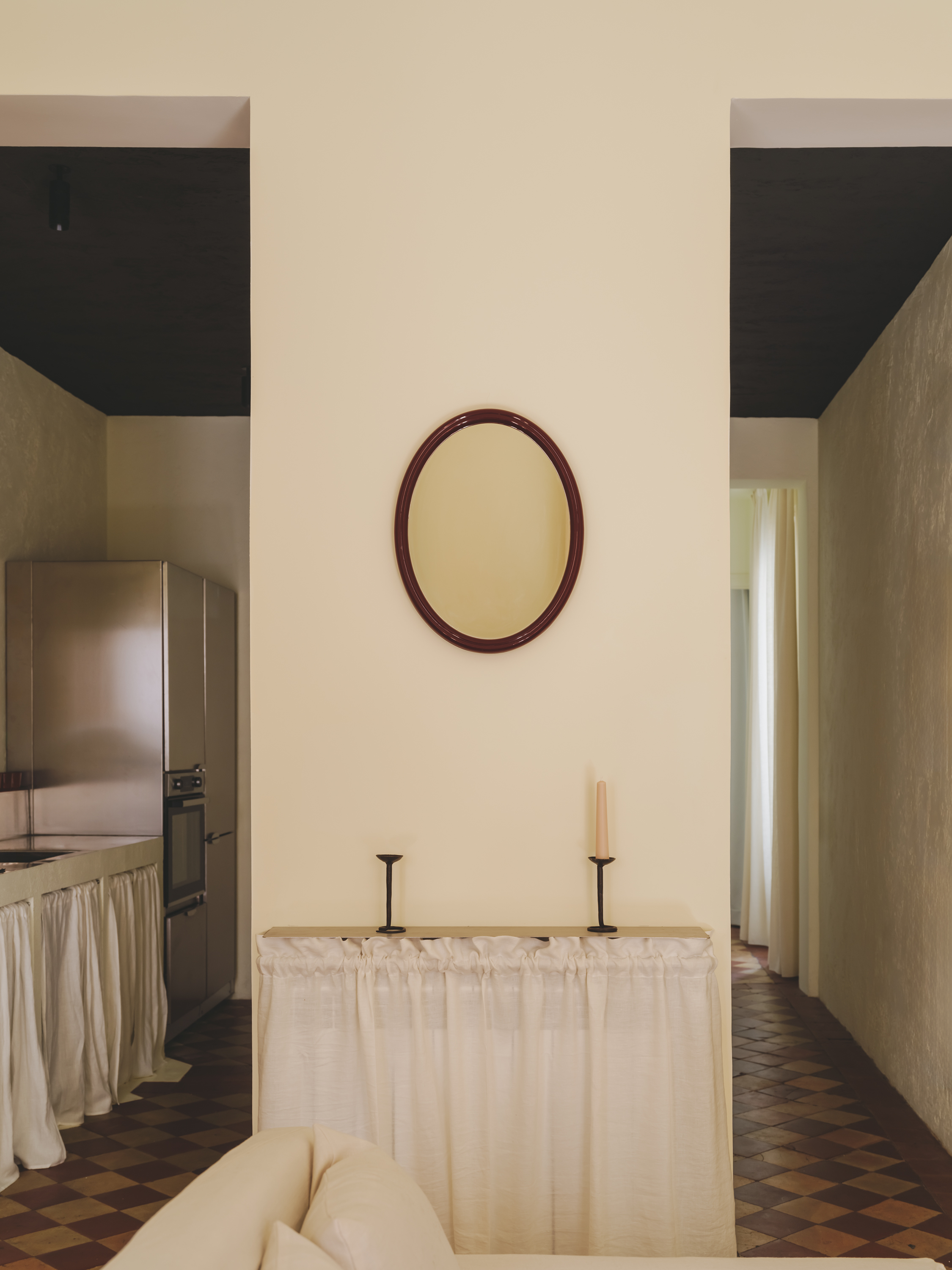 The living and dining room faces the kitchen.
