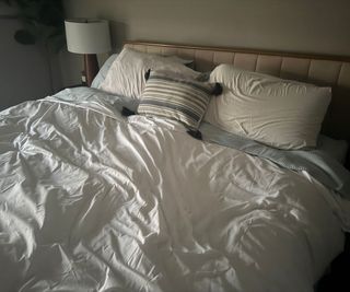 Sferra Somerset Duvet Comforter on a bed with white pillows against a gray wall.