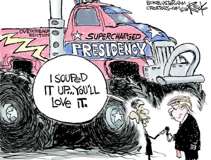Political cartoon U.S. Barack Obama Donald Trump presidency