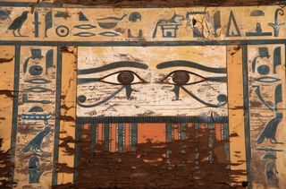 Painted eyes decorate the cedar coffin of Sattjeni