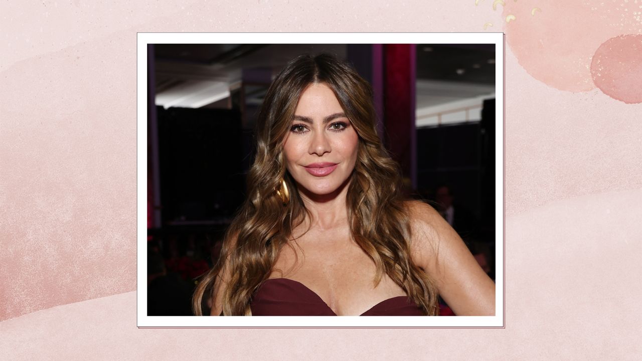  Sofía Vergara is pictured wearing a nude lipstick look whilst attending &quot;An Unforgettable Evening&quot; Benefiting The Women&#039;s Cancer Research Fund at Beverly Wilshire, A Four Seasons Hotel on April 10, 2024 in Beverly Hills, California/ in a pink watercolour style template