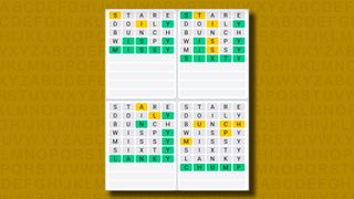 Quordle Daily Sequence answers for game 977 on a yellow background