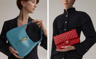 LEFT: A model wearing a black jacket holding a torquoise curved half-moon Gucci bag. RIGHT: A model wearing a black coat holding a red leather Chanel bag with quilted design