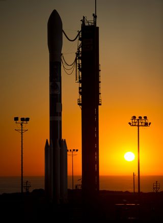 The Delta II rocket with it's NPOESS Preparatory Project (NPP) spacecraft payload is seen shortly after the service structure was rolled back on Thursday, Oct. 27, 2011, at Vandenberg Air Force Base, Calif. NPP is the first NASA satellite mission to addre