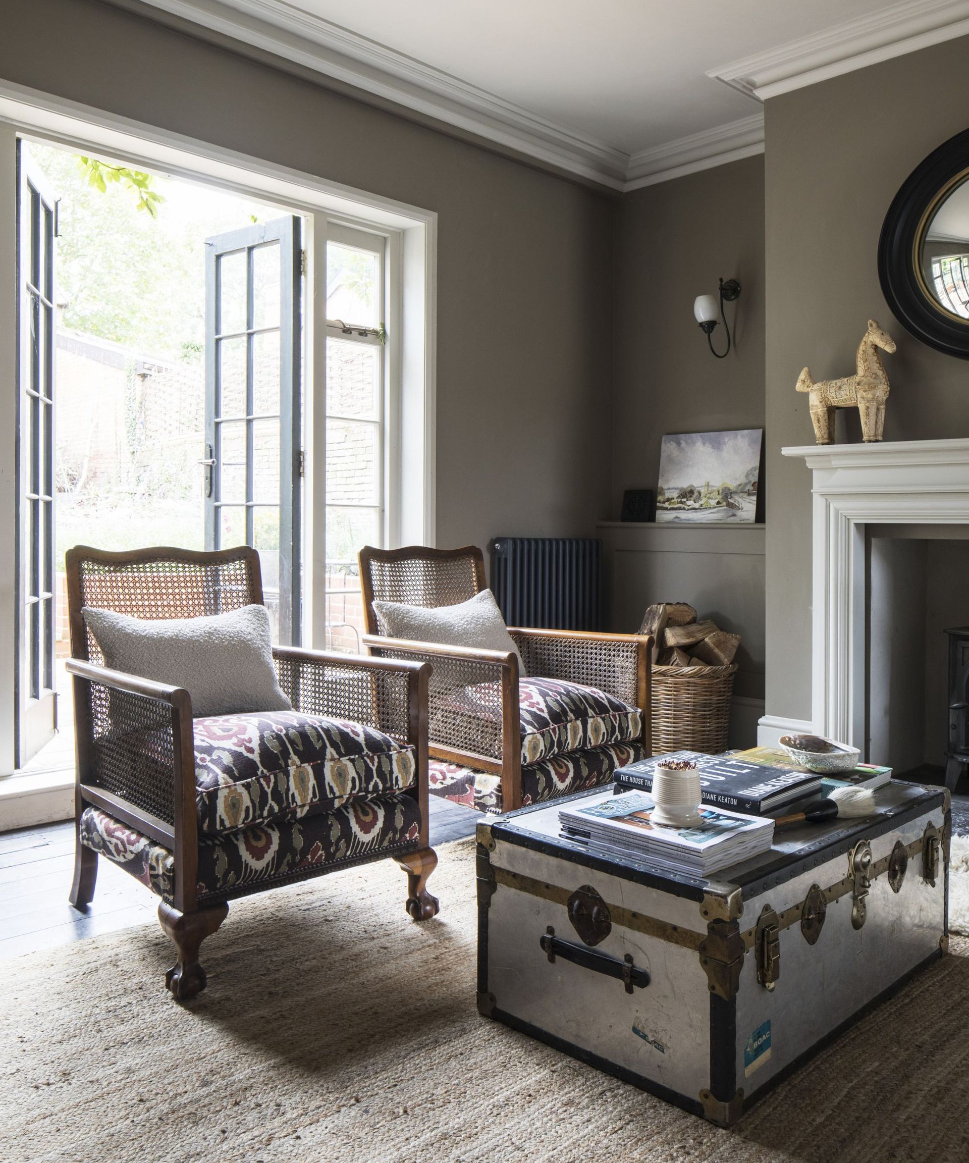 Wooden chairs, pattern cushions