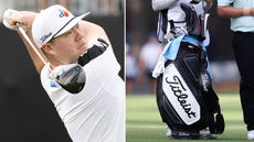 Sungjae Im hits a driver, with a close up of his bag