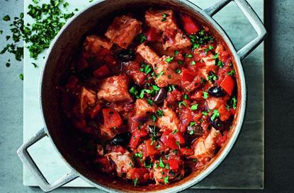 Salmon, red pepper and black olive stew