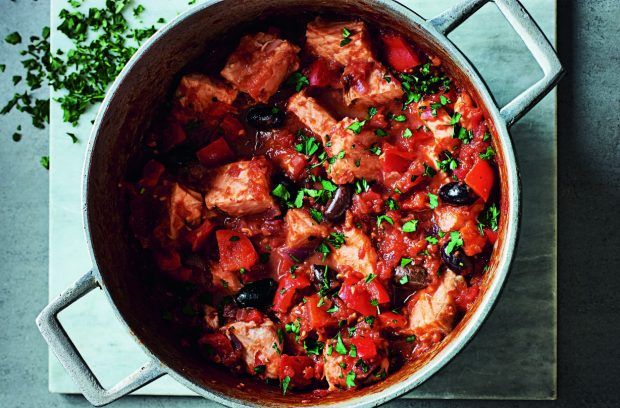 Salmon, red pepper and black olive stew