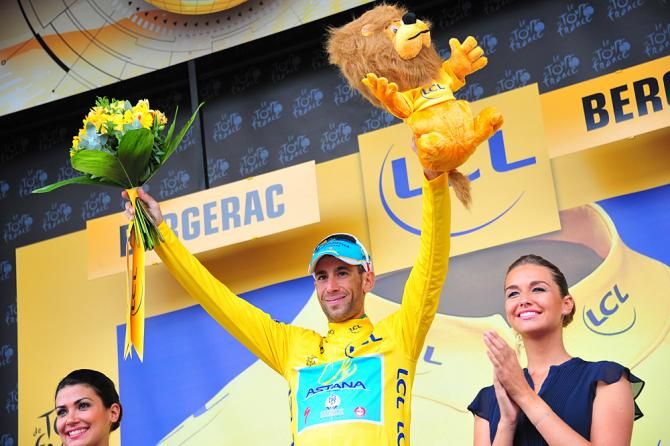 Vincenzo Nibali (Astana) celebrates another day in yellow at the Tour de France