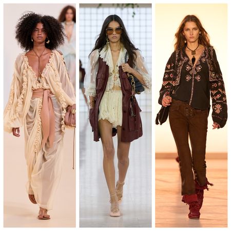 woman wearing boho clothing on the spring 2025 runways of Zimmermann, Chloe, and Isabel Marant 