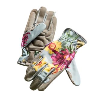 Colorful gardening gloves in light blue with floral design printed on