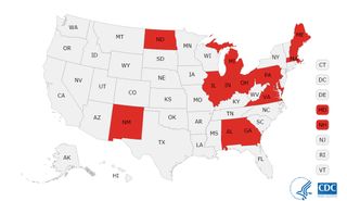 A map showing states where death rates from drug overdoses have increased.