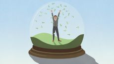 Illustration of a man inside a snow globe where it is snowing cash