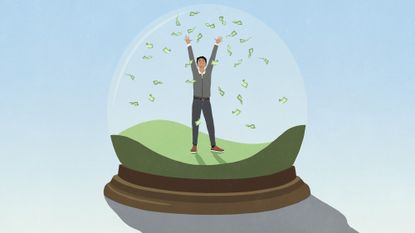 Illustration of a man inside a snow globe where it is snowing cash