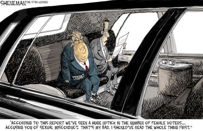 Political cartoon U.S. 2016 election Donald Trump sexual assault accusers