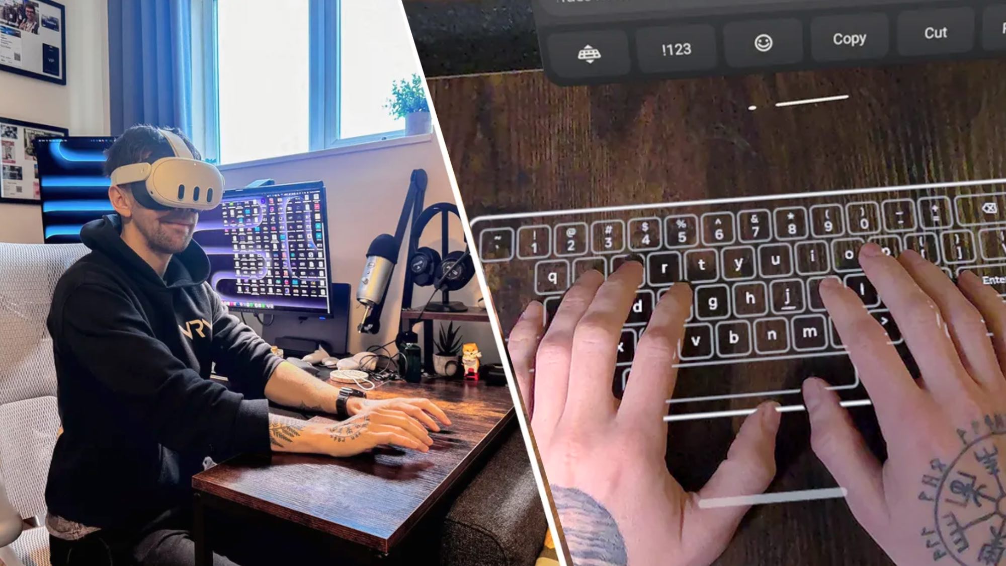 Jason England wearing Meta Quest 3 next to virtual keyboard from headset 