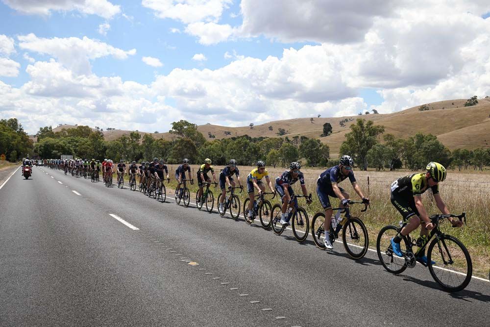 The peloton line out on stage 3 of the Herald Sun Tour