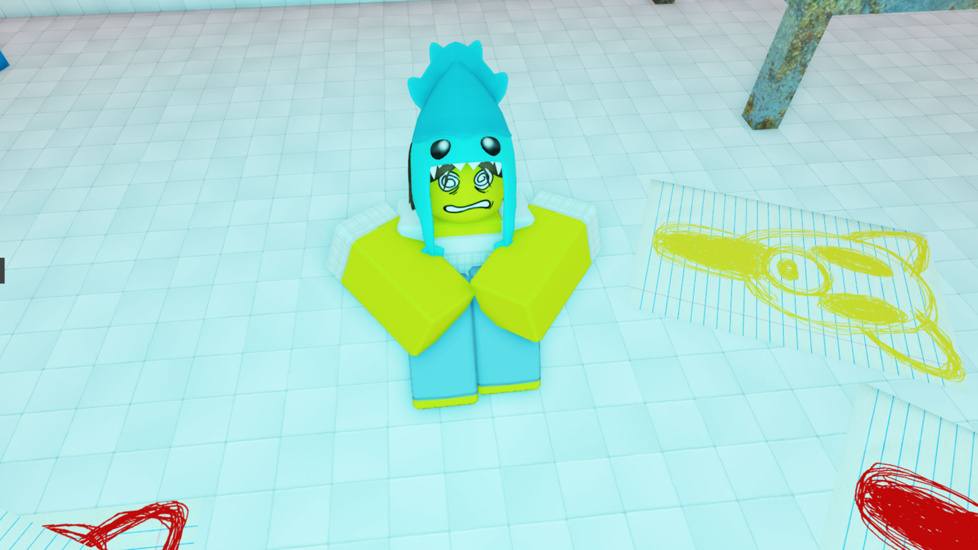 99 Nights in the Forest Kraken Kid sitting in their cell with crayon drawings scattered all over