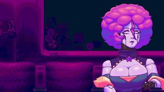 Vee, a robot with huge hair, sits in a train carriage