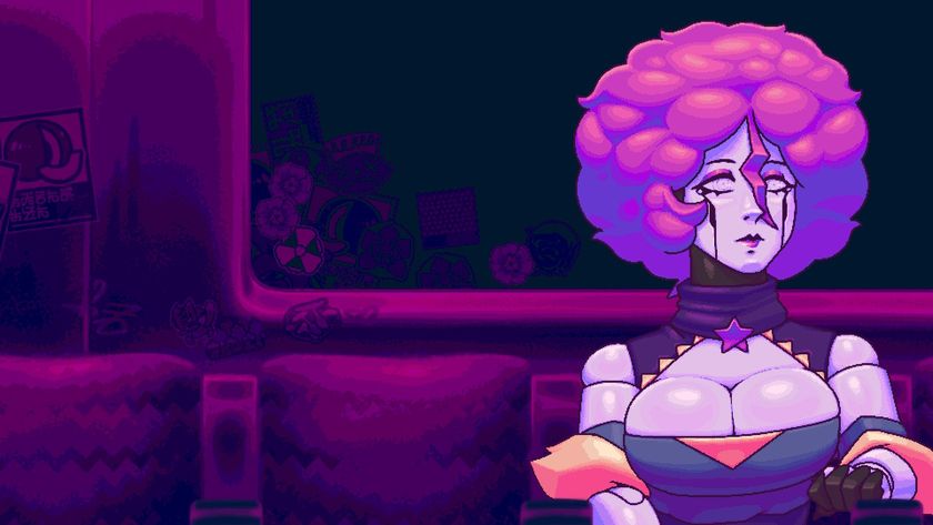 Vee, a robot with huge hair, sits in a train carriage