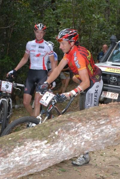 Bart Brentjens hops off at a fallen tree