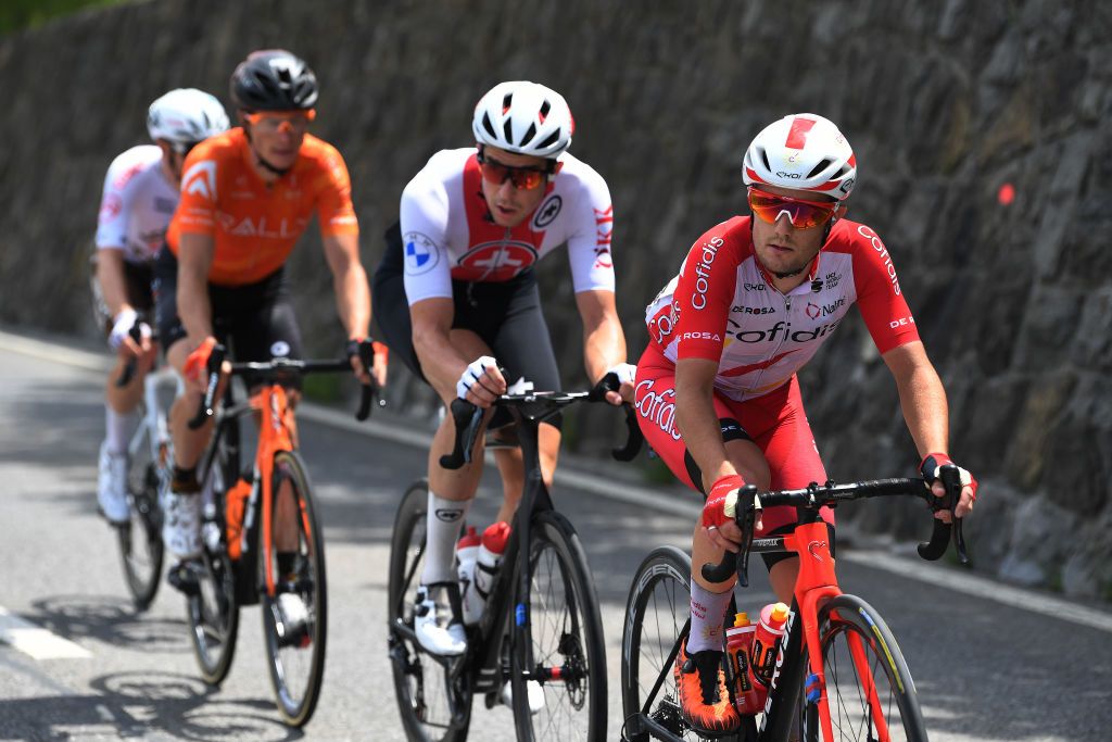 PFAFFNAU SWITZERLAND JUNE 08 Remy Rochas of France and Team Cofidis leads the Breakaway during the 84th Tour de Suisse 2021 Stage 3 a 185km stage from Lachen to Pfaffnau 509m UCIworldtour tds tourdesuisse on June 08 2021 in Pfaffnau Switzerland Photo by Tim de WaeleGetty Images