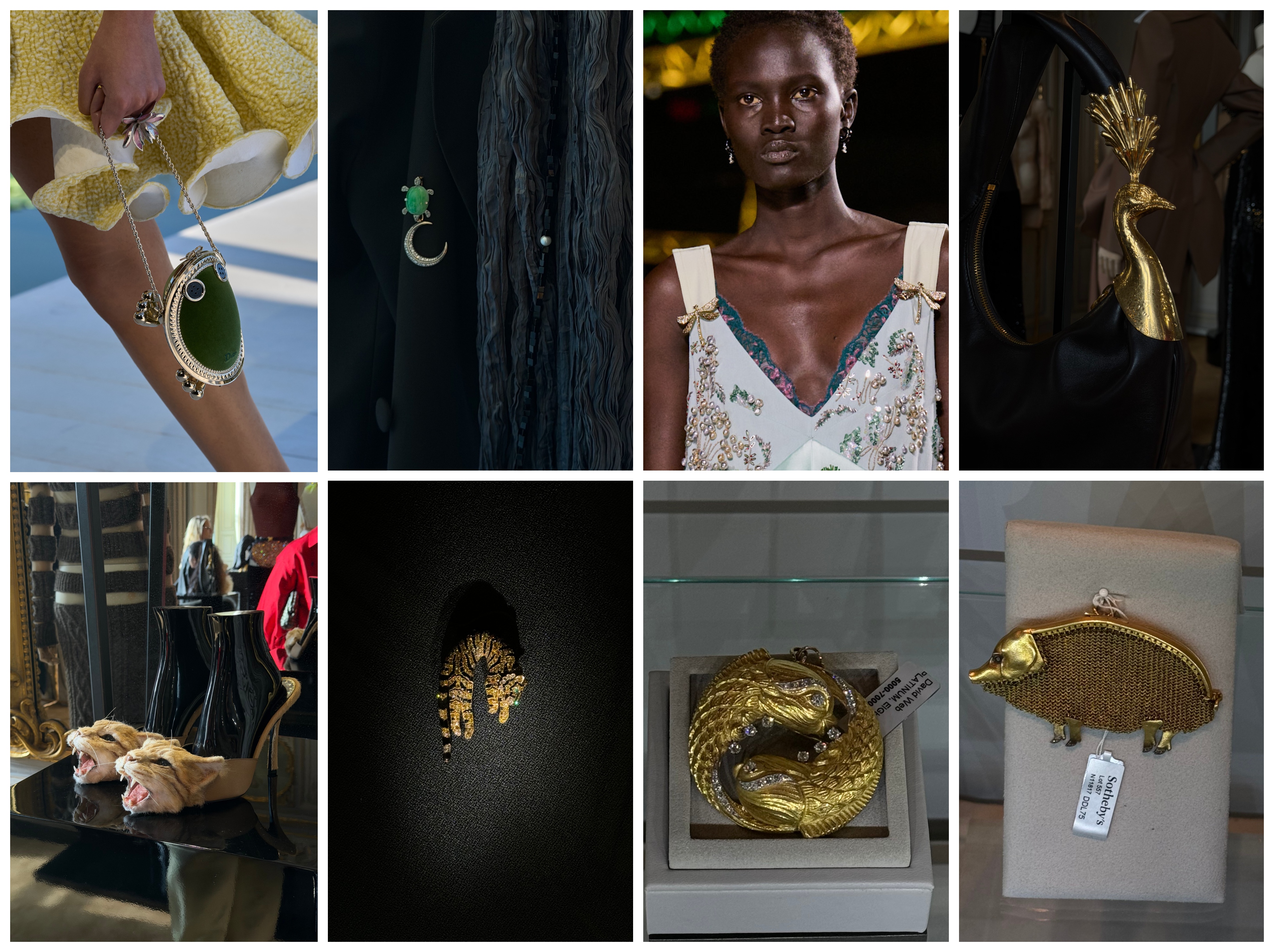 collage of creature-inspired accessories on the Fall 2026 runway