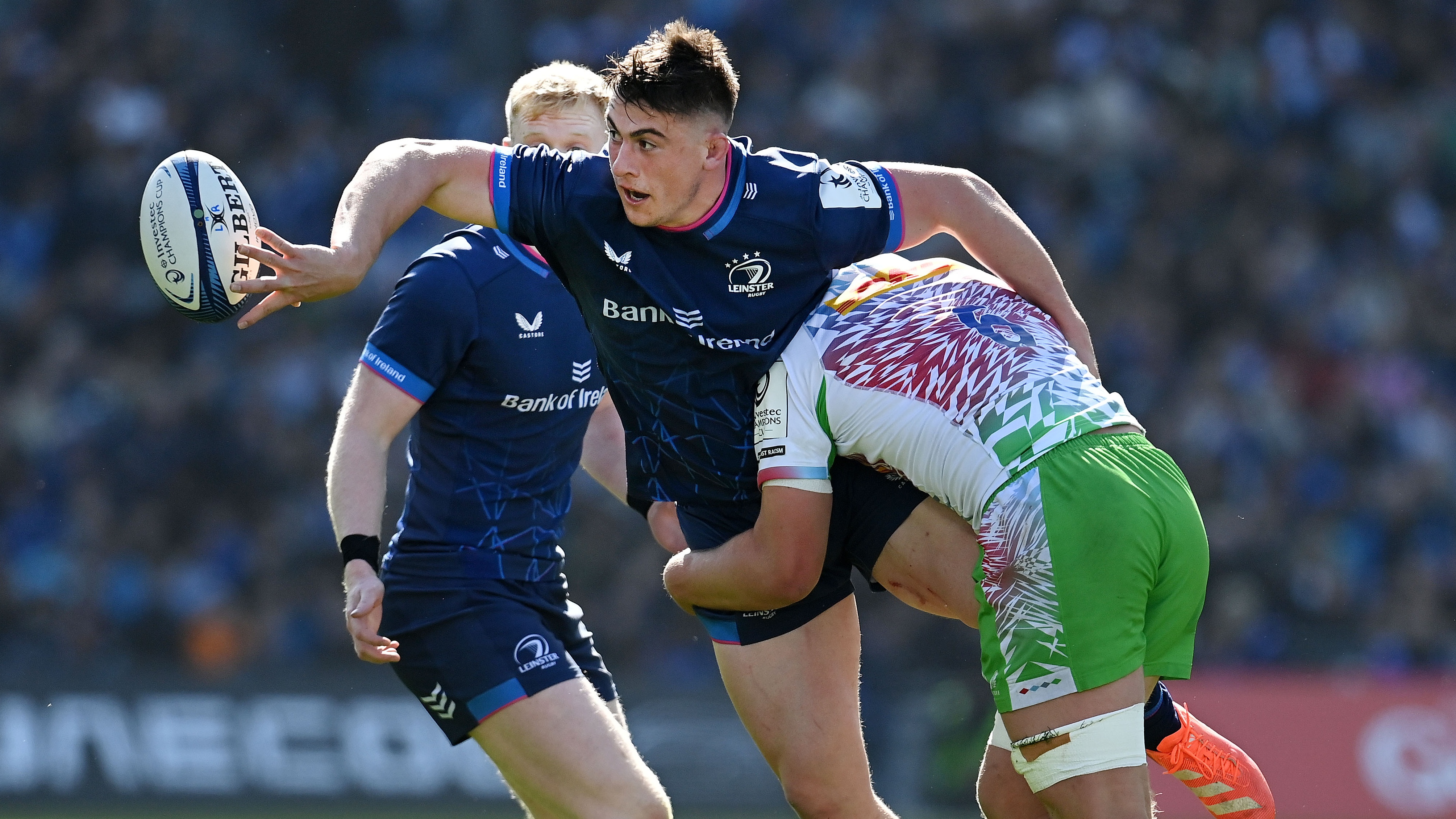Dan Sheehan of Leinster in action against Jack Kenningham of Harlequins during the Investec Champions Cup Round of 16 match between Leinster Rugby and Harlequins at Croke Park on April 5, 2025 in Dublin, Ireland. 