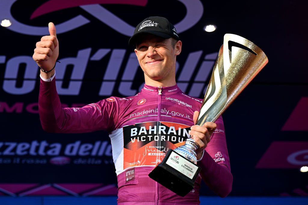 ROME ITALY MAY 28 Jonathan Milan of Italy and Team Bahrain Victorious Purple Points Jersey celebrates at podium during the 106th Giro dItalia 2023 Stage 21 a 126km stage from Rome to Rome UCIWT on May 28 2023 in Rome Italy Photo by Stuart FranklinGetty Images