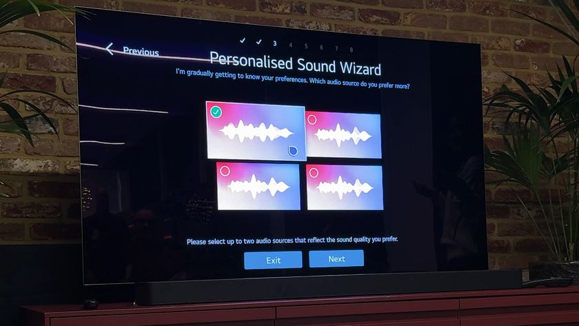 The Personalised Sound Wizard on the LG C5, showing the testing process with multiple choices on the screen