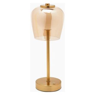 A brass effect lamp with a glass shade 