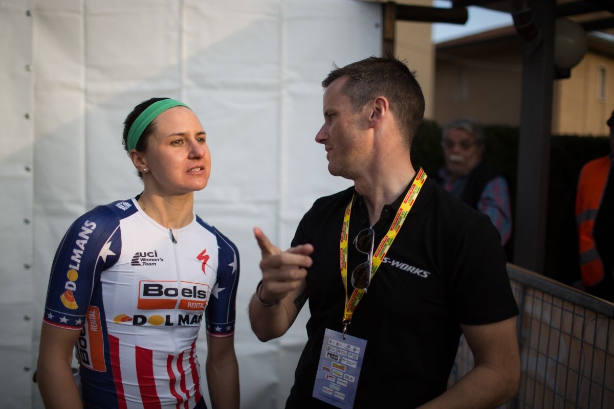 Megan Guarnier discusses the race prior to the medal ceremony