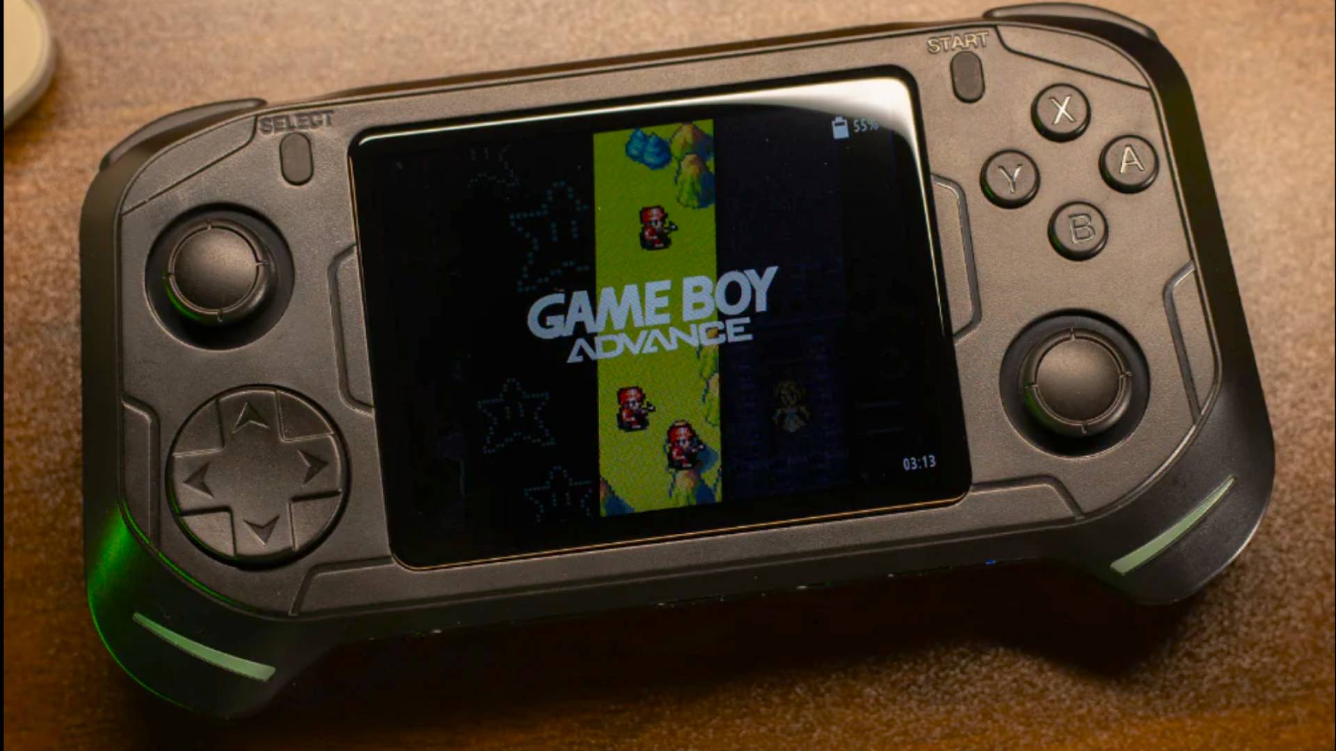 Abxylute E1 handheld with Game Boy Advance logo on screen.