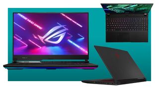 Some Prime Day gaming laptop deals scattered on a blue background.