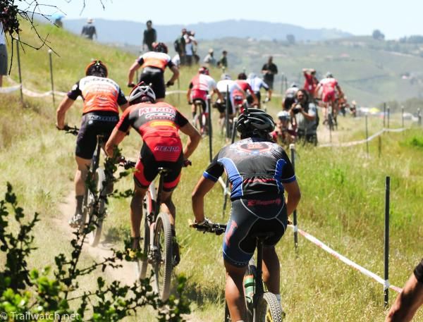 Riders cross the top of the ridge