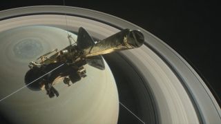 This illustration shows Cassini above Saturn's northern hemisphere. April 4, 2017. NASA & JPL-Caltech