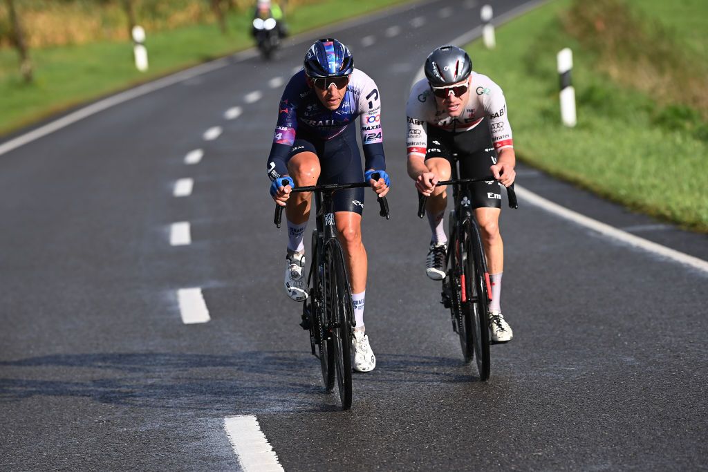 MERTERT LUXEMBOURG SEPTEMBER 22 LR Dylan Teuns of Belgium and Team Israel Premier Tech and Marc Hirschi of Switzerland and UAE Team Emirates compete in the chase group during the 83rd Skoda Tour Luxembourg 2023 Stage 3 a 1684km stage from Mertert to Vianden on September 22 2023 in Vianden Luxembourg Photo by Tim de WaeleGetty Images