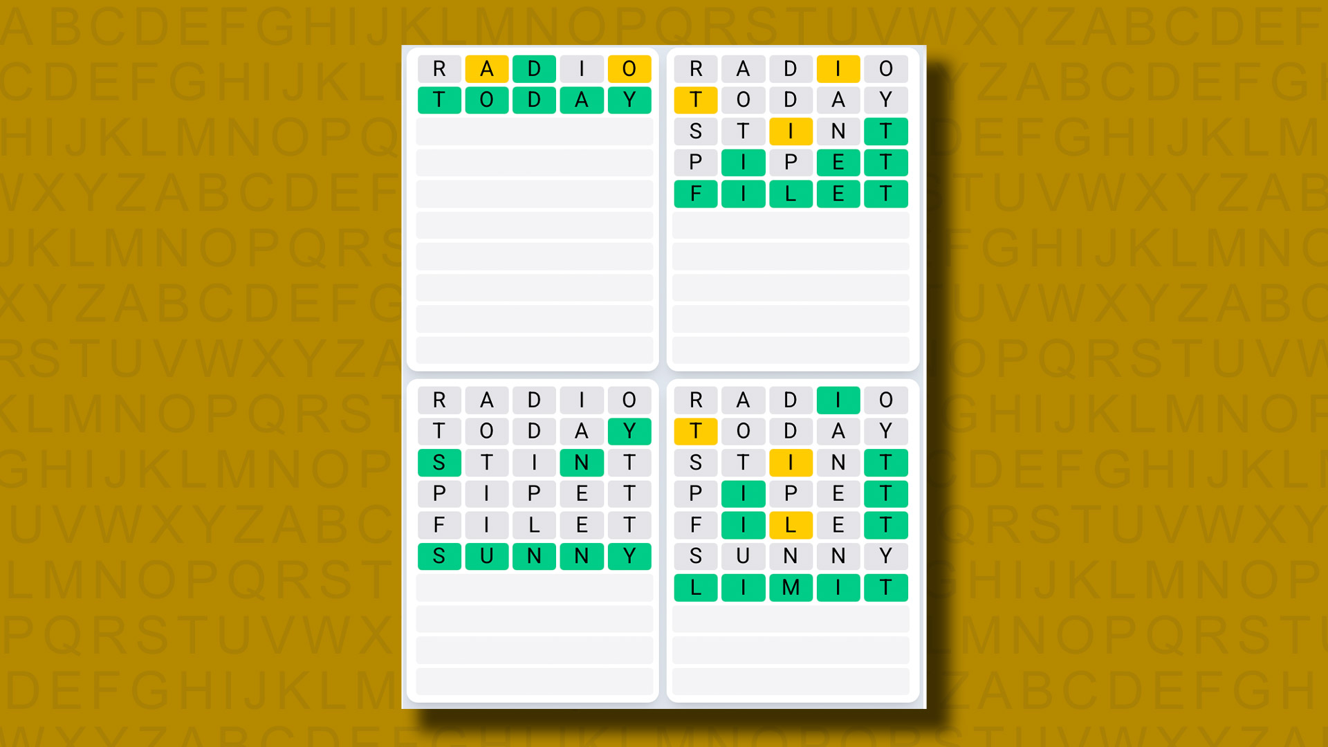 Quordle Daily Sequence answers for game 1278 on a yellow background