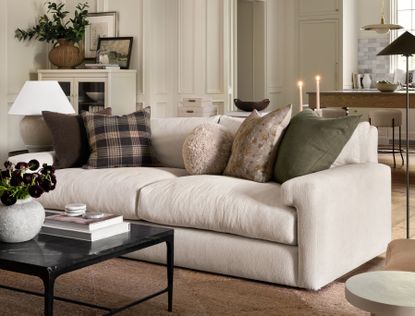A neutral living room with a soft grey sofa