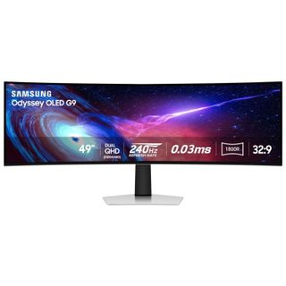 Render of the Samsung Odyssey G9 49 OLED gaming monitor on a white background.