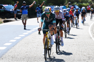 BAIONA, SPAIN - AUGUST 27: (L-R) Wout van Aert of Belgium and Team Visma | Lease a Bike - Green Points Jersey and Marc Soler of Spain and UAE Team Emirates compete in the breakaway during the La Vuelta - 79th Tour of Spain 2024, Stage 10 a 160km stage from Ponteareas to Baiona / #UCIWT / on August 27, 2024 in Baiona, Spain. (Photo by Tim de Waele/Getty Images)