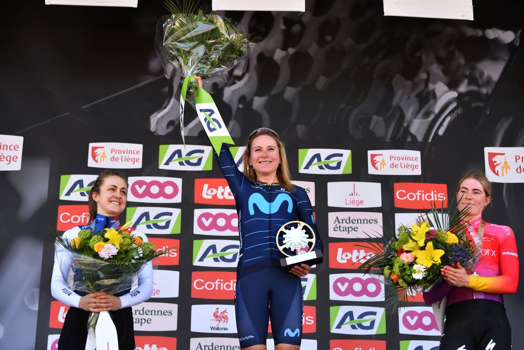 LIEGE BELGIUM APRIL 24 LR Grace Brown of Australia and Team FDJ Nouvelle Aquitaine Futuroscope on second place race winner Annemiek Van Vleuten of Netherlands and Movistar Team Women and Demi Vollering of Netherlands and Team SD Worx on third place pose on the podium ceremony after the the 6th Liege Bastogne Liege 2022 Femmes a 1421km one day race from Bastogne to Lige LBL LBLwomen UCIWWT on April 24 2022 in Liege Belgium Photo by Luc ClaessenGetty Images