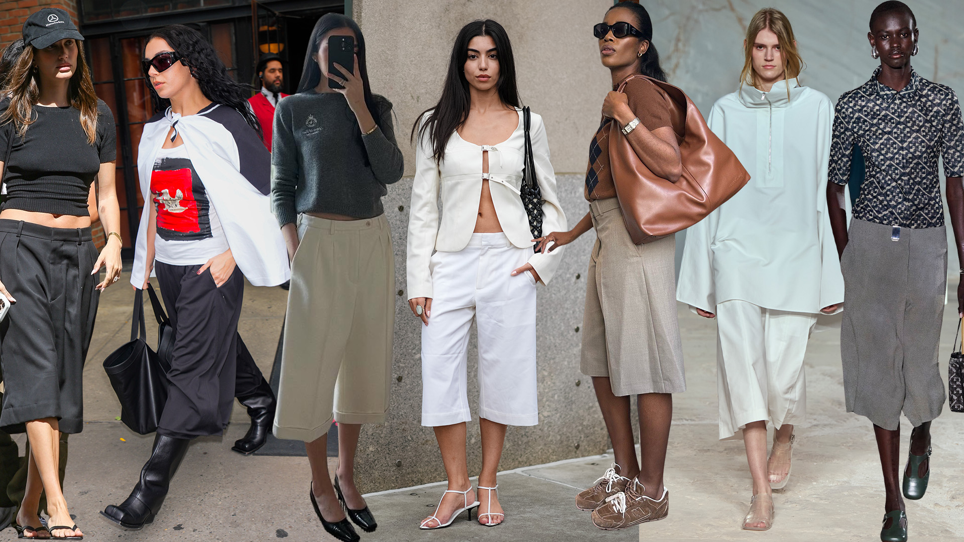 A collage of photos of models, influencers, and celebrities like Charli XCX and Hailey Bieber wearing the 2025 summer culottes trend.