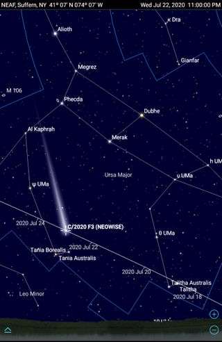 On July 22, 2020, comet NEOWISE will reach perigee, its closest approach to Earth. This chart shows its position that night at 11 p.m. from upstate New York. The comet will appear just above the medium-bright stars Tania Australis and Tania Borealis, which form Ursa Major's rear paws. The Big Dipper asterism's bowl is at top center.