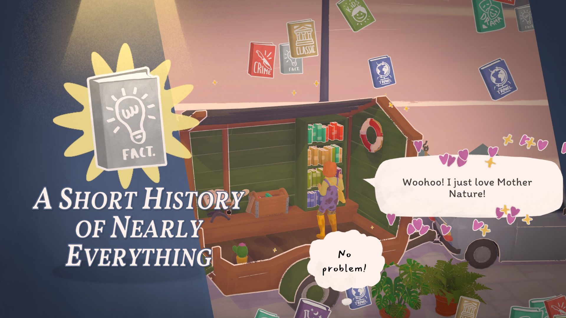 A customer in Tiny Bookshop excited to receive the fact book titled "A Short History of Nearly Everything"