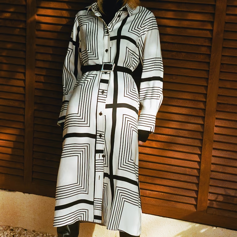H&M Belted Patterned Shirt Dress