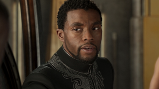 Chadwick Boseman as T'Challa on the throne