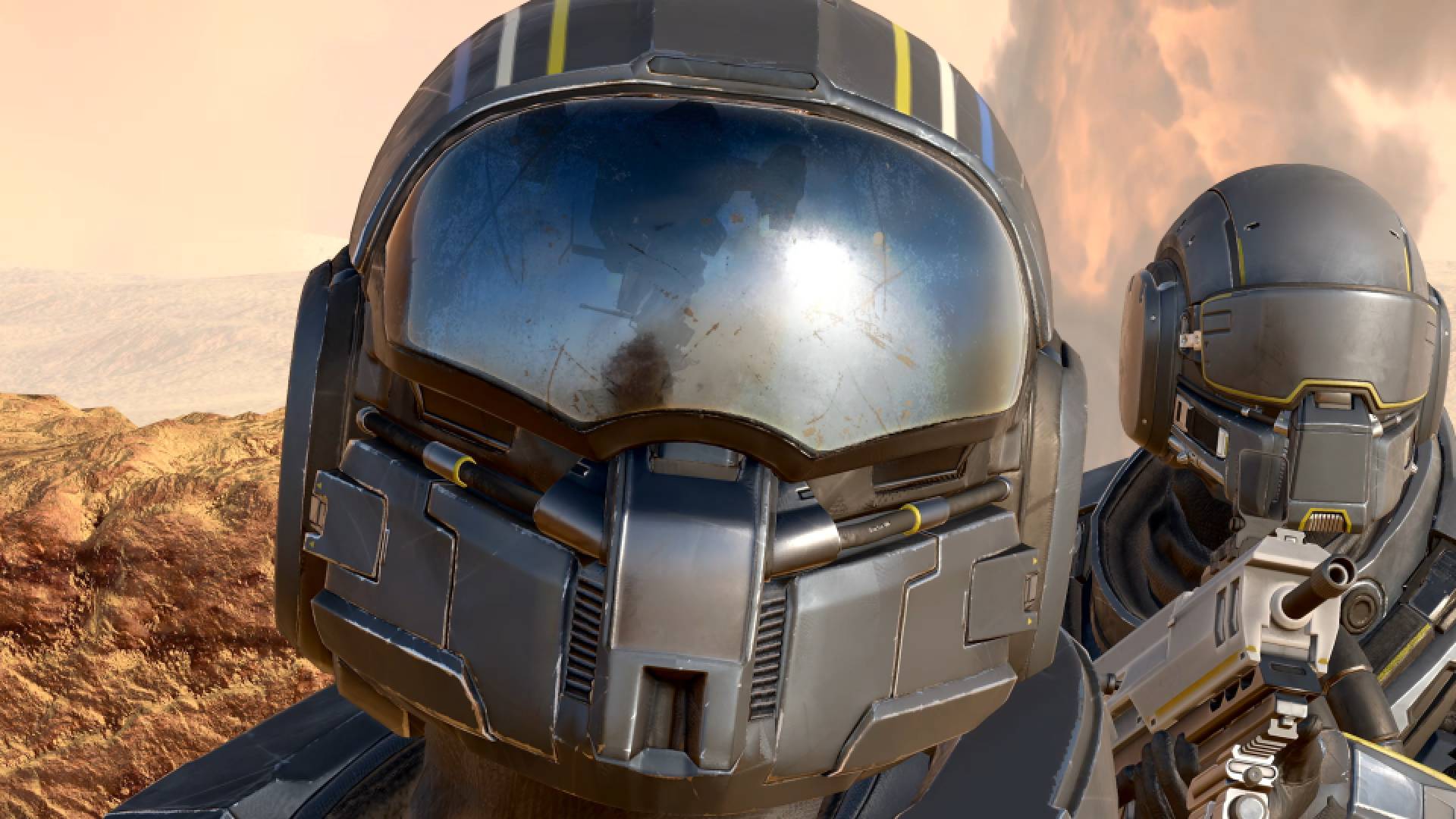 Helldivers 2 Exo Experts Warbond exosuit dropping seen in helmet visor reflection